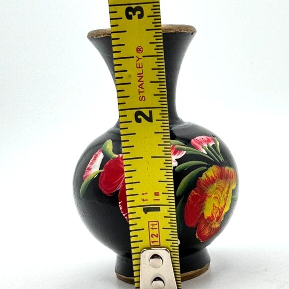 Ceramic Vase With Red & Yellow Floral Design Vintage Hand-Painted Black - Picture 2 of 12